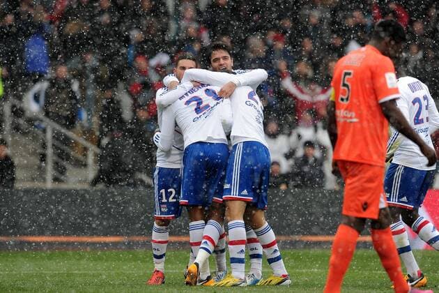 joie de Arnold Mvuemba apres son but - Jordan Ferri - Yassine Benzia - Clement Grenier (Lyon) FOOTBALL : Olympique Lyon vs FC Lorient - Ligue 1 - 24 02 2013 NLeGouic FEP Panoramic 
