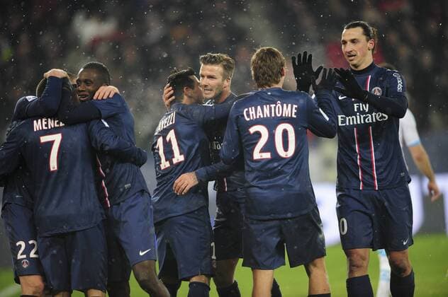 joie de David Beckham (psg) apres le but de Zlatan Ibrahimovic FOOTBALL : PSG OM - L1 - 24 02 2013 JBAutissier Panoramic 