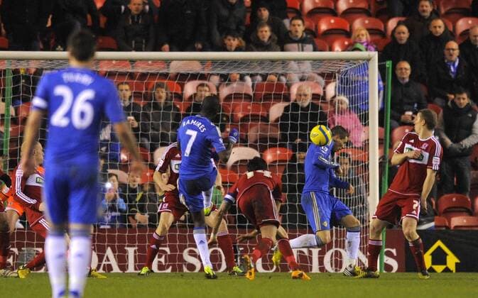 Fernando Torres of Chelsea (2nd R) scores their first goal via a deflection from Ramires shot into the goal to give them the lead 1-0 - The FA Cup with Budweiser - Middlesbrough vs Chelsea - Riverside Stadium - Middlesbrough - 27 02 13 - Picture Richard Lee Sportimage EDITORIAL USE ONLY. No use with unauthorised audio, video, data, fixture lists, club league logos or live services. Online in-match use limited to 120 images, no video emulation. No use in betting, games or single club league player publications.