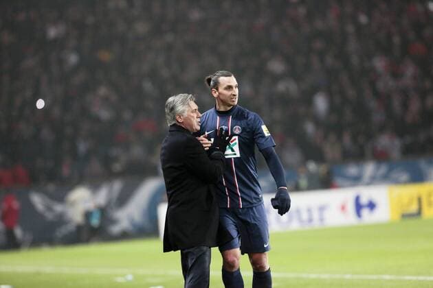 Zlatan Ibrahimovic of PSG talks to Paris Saint Germain coach Carlo Ancelotti as he leaves the pitch during the French Cup match between Paris Saint-Germain FC and Marseille Olympic OM at Parc des Princes on February 27, 2013 in Paris, France.  IP3CMOR13022701