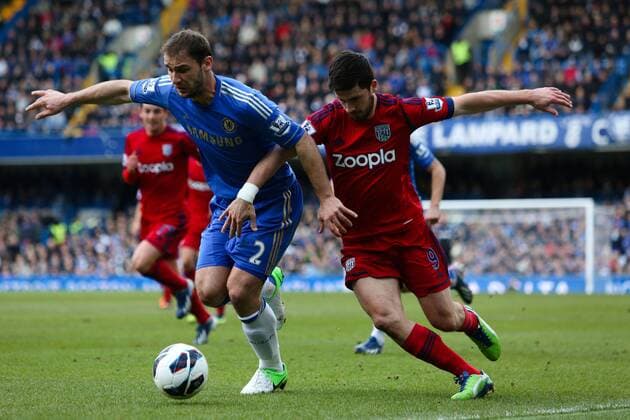 Football - 2012 2013 Premier League - Chelsea FC London vs. West Bromwich Albion - Shane Long of West Bromwich Albion and Branislav Ivanovic of Chelsea at Stamford Bridge, London 
