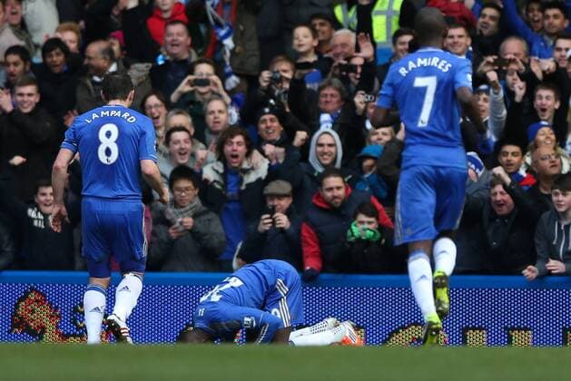 Football - 2012 2013 Premier League - Chelsea FC London vs. West Bromwich Albion - Demba Ba of Chelsea celebrates scoring at Stamford Bridge, London 