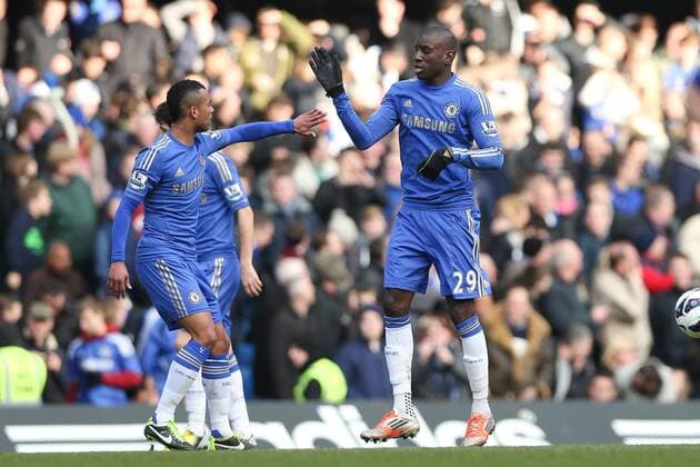 Football - 2012 2013 Premier League - Chelsea FC London vs. West Bromwich Albion - Demba Ba of Chelsea celebrates scoring at Stamford Bridge, London 