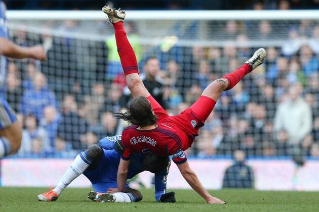 Football - 2012 2013 Premier League - Chelsea FC London vs. West Bromwich Albion - Jonas Olsson of West Bromwich Albion goes over the back of Demba Ba of Chelsea at Stamford Bridge, London 