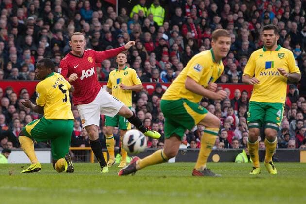 Football - 2012 2013 Premier League - Manchester United (ManU) vs. Norwich City - Wayne Rooney of Manchester United (ManU) strikes a shot wide of the post at Old Trafford 