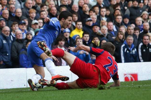 Football - 2012 2013 Premier League - Chelsea FC London vs. West Bromwich Albion - Eden Hazard of Chelsea goes down in the box but no penalty is given at Stamford Bridge, London 