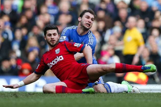 Football - 2012 2013 Premier League - Chelsea FC London vs. West Bromwich Albion - Branislav Ivanovic of Chelsea and Shane Long of West Bromwich Albion at Stamford Bridge, London 