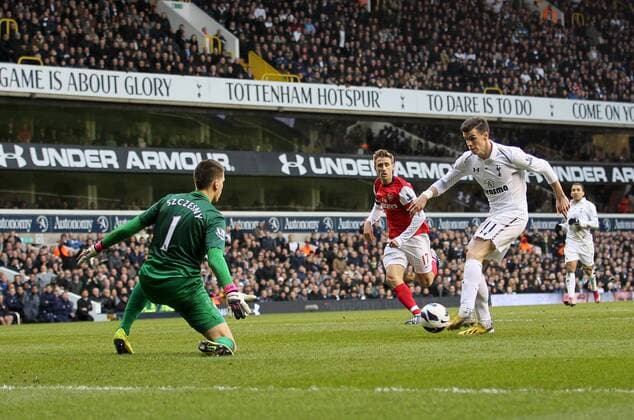 Tottenham s Gareth Bale scoring his sides opening goal..Tottenham Hotspur v Arsenal- Barclays Premier League - White Hart Lane, London- 3 03 13 - Picture David Klein Sportimage EDITORIAL USE ONLY. No use with unauthorised audio, video, data, fixture lists, club league logos or live services. Online in-match use limited to 120 images, no video emulation. No use in betting, games or single club league player publications.