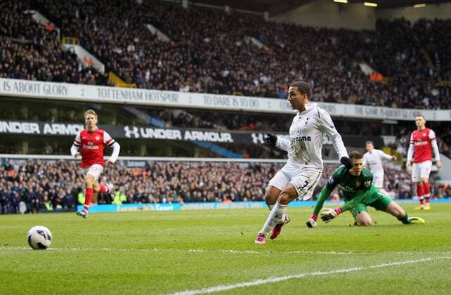 Tottenham s Aaron Lennon scoring his sides second goal..Tottenham Hotspur v Arsenal- Barclays Premier League - White Hart Lane, London- 3 03 13 - Picture David Klein Sportimage EDITORIAL USE ONLY. No use with unauthorised audio, video, data, fixture lists, club league logos or live services. Online in-match use limited to 120 images, no video emulation. No use in betting, games or single club league player publications.