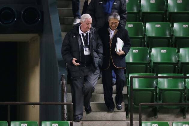 (L-R) Craig Reedie, Tsunekazu Takeda,, MARCH 4, 2013 : IOC Evaluation Commission visit at Ariake Coliseum, Tokyo, Japan.  (umqa003990)