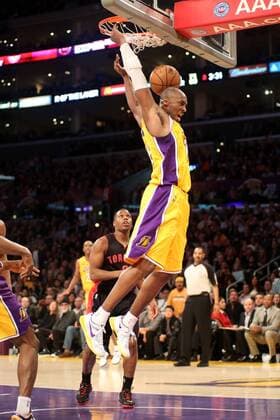 March 8, 2013 - Los Angeles, California, U.S - Lakers guard Kobe Bryant gets to the rime for a hard slam dunk as the Los Angeles Lakers defeat the visiting Toronto Raptors 118-116 on Friday, March 8, 2013, at the Staples Center in Los Angeles, California. Lakers defeat Raptors 118-116  - ZUMAp12