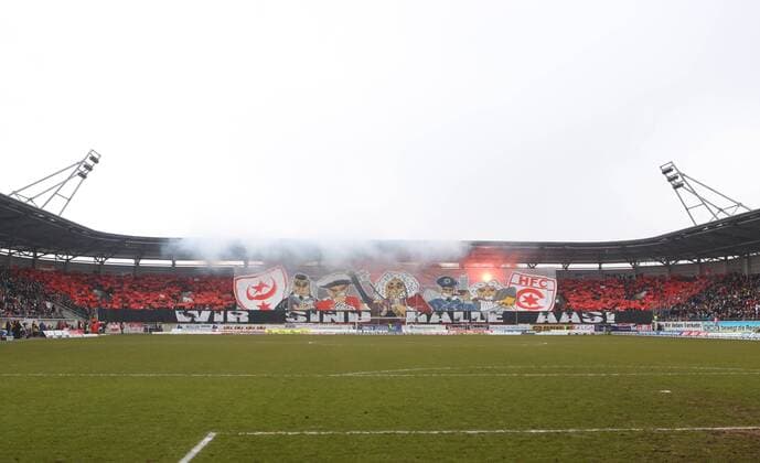 100313 Halle Saale Fußball 3. Bundesliga Männer Hallescher FC HFC - FC Hansa Rostock Endstand 3:1 HFC Fans Fankurve Transparent mit Händel Choreografie