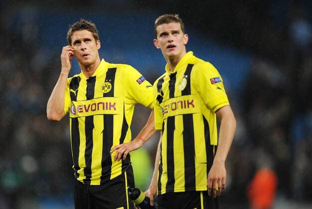 Mittwoch 03.10.2012, UEFA Champions League, Saison 12 13 - in Manchester England, Manchester City FC - BV Borussia Dortmund 1:1, Sebastian Kehl (BVB) und Sven Bender (BVB) DeFodi018