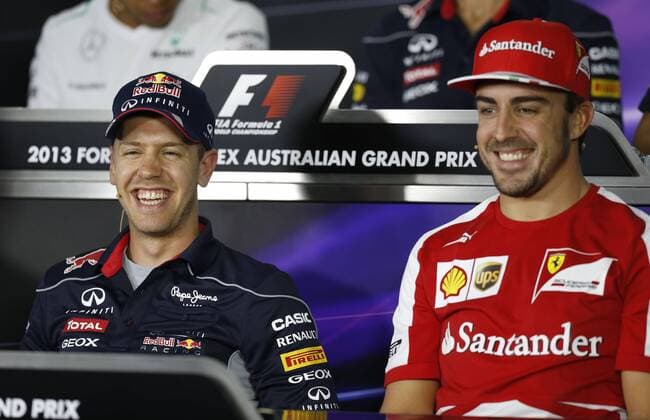 Motorsports: FIA Formula One World Championship 2013, Grand Prix of Australia, 1 Sebastian Vettel (GER, Infiniti Red Bull Racing), 3 Fernando Alonso (ESP, Scuderia Ferrari), xHOCHxZWEIx
