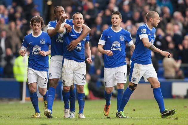 Football - 2012 2013 Premier League - Everton vs. Manchester City Leon Osman of Everton celebrates his opening goal at Goodison Park 