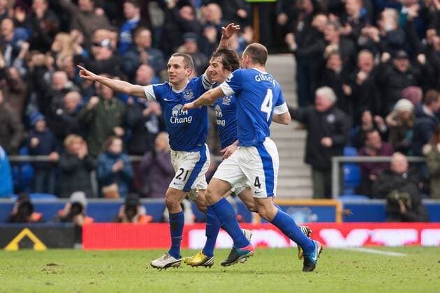 Football - 2012 2013 Premier League - Everton vs. Manchester City Leon Osman of Everton celebrates his opening goal at Goodison Park 