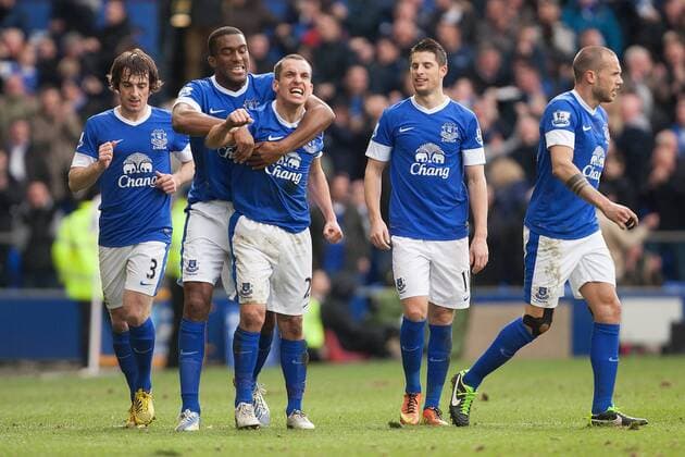 Football - 2012 2013 Premier League - Everton vs. Manchester City Leon Osman of Everton celebrates his opening goal at Goodison Park 