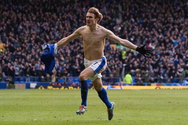 Football - 2012 2013 Premier League - Everton vs. Manchester City Nikica Jelavic of Everton celebrates scoring his late goal at Goodison Park 