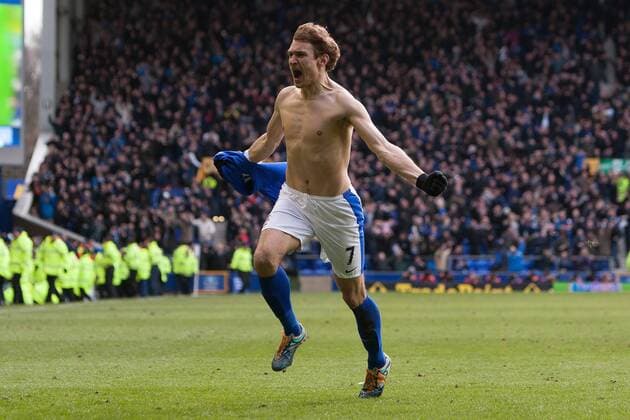 Football - 2012 2013 Premier League - Everton vs. Manchester City Nikica Jelavic of Everton celebrates scoring his late goal at Goodison Park 