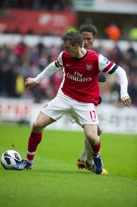 Football - 2012 2013 Premier League - Swansea City vs. Arsenal FC London 0:2 - nacho monreal scorer of Arsenal FC London s 1st goal on the ball.