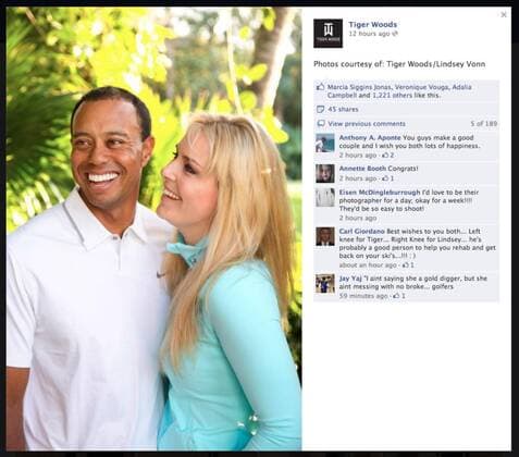 Mar 18, 2013 - U.S. - Photos of golfer TIGER WOODS and skier LINDSEY VONN from Tiger s Facebook page as the couple make it official with an announcement confirming that they are dating. Vonn and Woods Go Public as a Couple - AchtungXnurXals XausrissXverwendenXachtung! - ZUMAz03