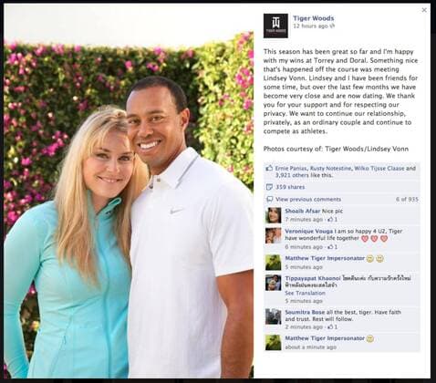Mar 18, 2013 - U.S. - Photos of golfer TIGER WOODS and skier LINDSEY VONN from Tiger s Facebook page as the couple make it official with an announcement confirming that they are dating. Vonn and Woods Go Public as a Couple - AchtungXnurXals XausrissXverwendenXachtung! - ZUMAz03