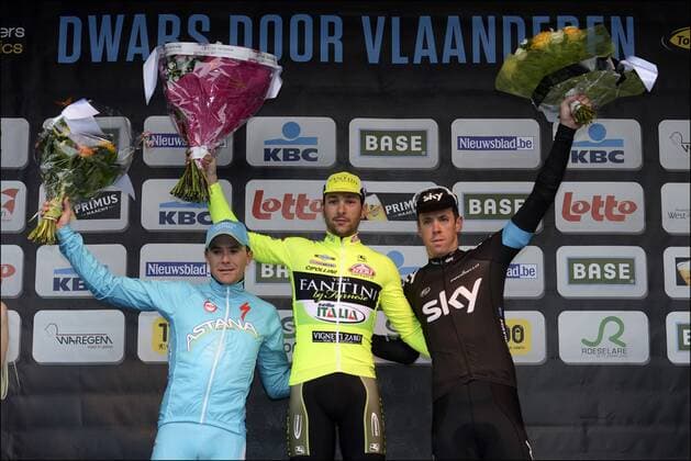 Borut Bozic (Slo) of Astana - Oscar Gatto (Ita) of Vini Fantini Selle Italia - Mathew Hayman (Aus) of Team Sky - Podium Radsport, La Flandre - Waregem - 20 03 2013 Photonews Panoramic 