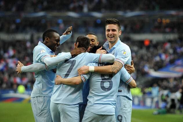 joie de Mathieu Valbuena apres son but - Franck Ribery - Olivier Giroud - Blaise Matuidi - Gael Clichy (France) FOOTBALL : France vs Georgie - Eliminatoire CM 2014- 22 03 2013 N.LeGouic FEP Panoramic 