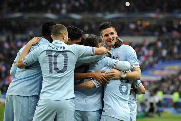 joie de Mathieu Valbuena apres son but - Karim Benzema - Olivier Giroud (France) FOOTBALL : France vs Georgie - Eliminatoire CM 2014- 22 03 2013 N.LeGouic FEP Panoramic 
