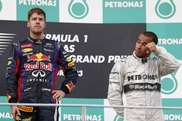 Motorsports: FIA Formula One World Championship 2013, Grand Prix of Malaysia, 1 Sebastian Vettel (GER, Infiniti Red Bull Racing), 10 Lewis Hamilton (GBR, Mercedes AMG Petronas F1 Team), xHOCHxZWEIx