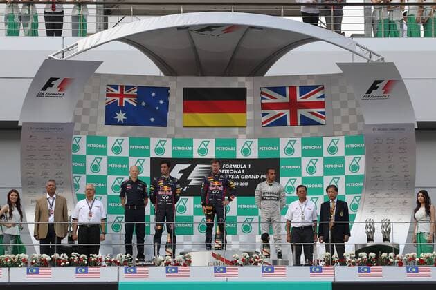 24.03.2013- Race, the podium; winner Sebastian Vettel (GER) Red Bull Racing RB9, 2nd Mark Webber (AUS) Red Bull Racing RB9, 3rd Lewis Hamilton (GBR) Mercedes AMG F1 W04 