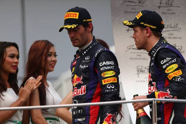24.03.2013- Race, the podium; winner Sebastian Vettel (GER) Red Bull Racing RB9, 2nd Mark Webber (AUS) Red Bull Racing RB9, 3rd Lewis Hamilton (GBR) Mercedes AMG F1 W04 