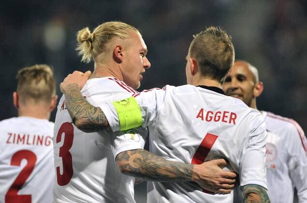 Danish players (left to right) Niki Zimling, Simon Kjaer, Daniel Agger and Simon Busk Poulsenin their 2014 World Cup qualifying soccer match Czech Republic against Denmark in Olomouc, Czech Republic, Friday, March 22, 2013. (CTKxPhoto JaroslavxOzana) CTKPhotoP201303221080501  jao 32