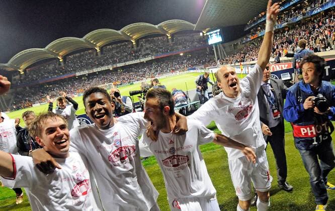 27.04.2010, Champions League, Olympique Lyon - FC Bayern München (L-R) Philipp Lahm (FC Bayern München), Diego Contento (FC Bayern München), David Alaba (FC Bayern München), Arjen Robben (FC Bayern München) Nur fuer redaktionelle Verwendun