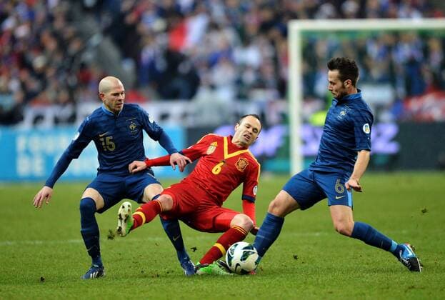 Andres Iniesta (esp) - Christophe Jallet (fra) - Yohan Cabaye (fra) FOOTBALL: France - Spain. Qualifications - 26 03 2013 xAnthonyxBIBARDxFEPx 
