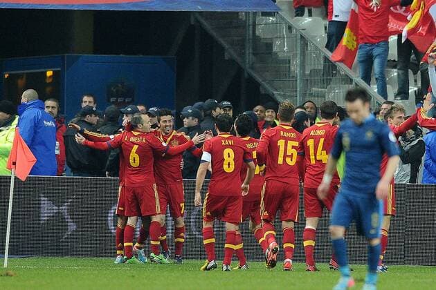 joie de Pedro Rodriguez - David Villa - Andres Iniesta (Espagne) FOOTBALL : France vs Espagne - Eliminatoire CM 2014- 26 03 2013 N.LeGouic FEP Panoramic 