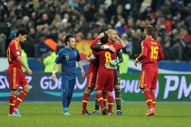 Mathieu Valbuena (France) Xavi Hernandez - Victor Valdes (Espagne) FOOTBALL : France vs Espagne - Eliminatoire CM 2014- 26 03 2013 N.LeGouic FEP Panoramic 