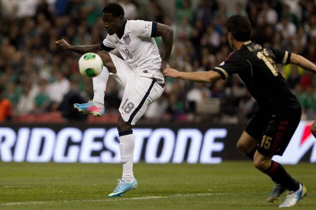 MEXICO CITY, March 26, 2013 - Mexico s Hector Moreno (R) vies with Eddie Johnson (L) of the U.S. during a CONCACAF s qualifying match for Brazil s World Cup 2014 at Azteca Stadium, in Mexico City, capital of Mexico, on March 26, 2013. (Xinhua Pedro Mera) (da) (sp) MEXICO-MEXICO CITY-SOCCER-MEXICO VS U.S. 