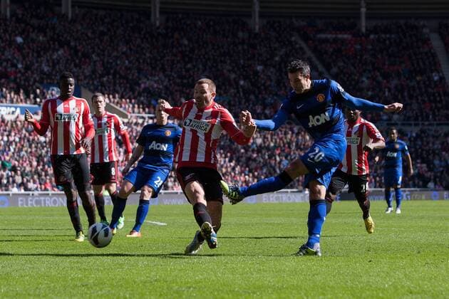 Football - 2012 2013 Premier League - Sunderland vs. Manchester United Robin van Persie of Manchester United scores the opening goal at the Stadium of Light 