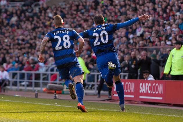 Football - 2012 2013 Premier League - Sunderland vs. Manchester United Robin van Persie of Manchester United celebrates his opening goal at the Stadium of Light 