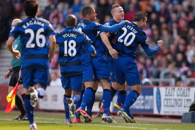 Football - 2012 2013 Premier League - Sunderland vs. Manchester United Robin van Persie of Manchester United celebrates his opening goal at the Stadium of Light 