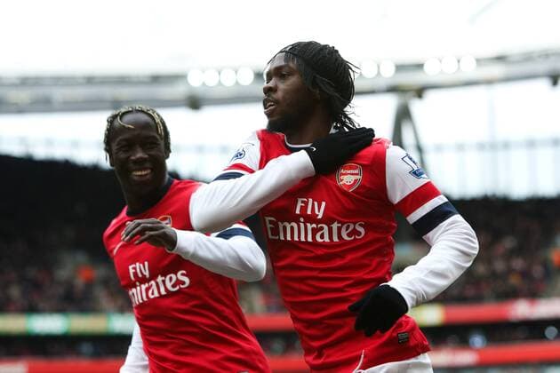 Football - 2012 2013 Premier League - Arsenal FC London - Reading FC; Gervinho of Arsenal celebrates scoring at the Emirates Stadium 