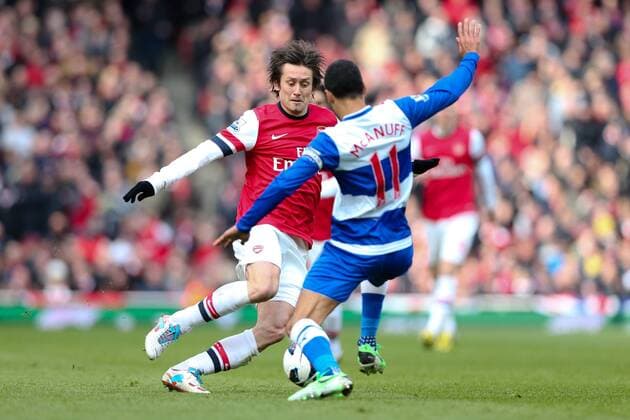 Football - 2012 2013 Premier League - Arsenal FC London - Reading FC; Tomas Rosicky of Arsenal and Reading s Jobi McAnuff at the Emirates Stadium 