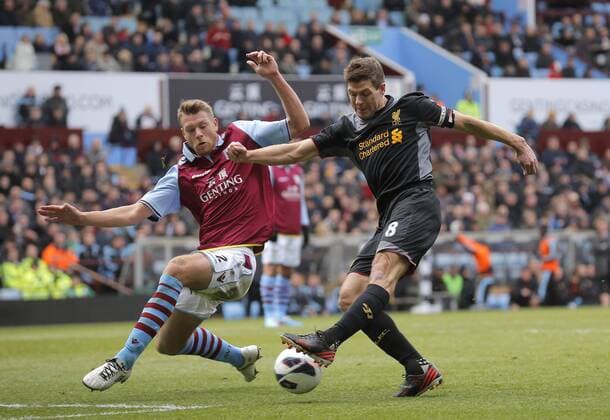 Steven Gerrard fires a shot at goal ahead of Nathan Baker of Aston Villa (left) - Aston Villa vs Liverpool - Barclays Premiership - Villa Park Birmingham - Season 12 13 - 31 3 13.Photograph Malcolm Couzens Sportimage EDITORIAL USE ONLY. No use with unauthorised audio, video, data, fixture lists, club league logos or live services. Online in-match use limited to 120 images, no video emulation. No use in betting, games or single club league player publications.
