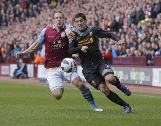 Ron Vlaar of Aston Villa (left) competes with Luis Suarez of Liverpool - Aston Villa vs Liverpool - Barclays Premiership - Villa Park Birmingham - Season 12 13 - 31 3 13.Photograph Malcolm Couzens Sportimage EDITORIAL USE ONLY. No use with unauthorised audio, video, data, fixture lists, club league logos or live services. Online in-match use limited to 120 images, no video emulation. No use in betting, games or single club league player publications.