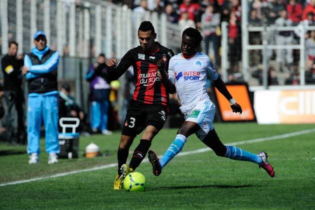 Thimothee Kolodziejczak ( NICE ) - Modou Sougou ( OM ) FOOTBALL : OGC Nice vs Olympique de Marseille . - Ligue 1 - 31 03 2013 OlivierAnrigo Panoramic 
