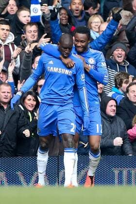Demba Ba of Chelsea celebrates scoring with John Mikel Obi of Chelsea - Chelsea vs Manchester Utd - FA Cup Quarter-Final replay - Stamford Bridge Stadium - London - 1st April 2013 - Pic Charlie Forgham-Bailey Sportimage EDITORIAL USE ONLY. No use with unauthorised audio, video, data, fixture lists, club league logos or live services. Online in-match use limited to 120 images, no video emulation. No use in betting, games or single club league player publications.