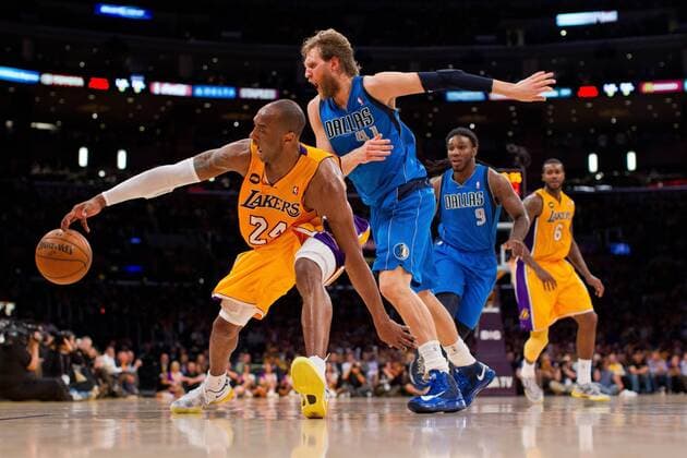 02 April 2013: Guard (24) Kobe Bryant of the Los Angeles Lakers has the ball knocked out his hand by (41) Dirk Nowitzki of the Dallas Mavericks during the second half of the Lakers 101-81 victory over the Mavericks at the STAPLES Center in Los Angeles, CA. NBA Basketball Herren USA APR 02 Mavericks at Lakers Icon181130402036 EDITORIAL USE ONLY