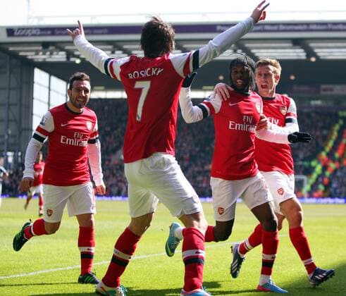Tomas Rosicky celebrates his goal- Barclays Premier League - West Bromwich Albion vs Arsenal - The Hawthorns Stadium -West Bromwich - 6th April 2013 - Credit Paul Bradbury Sportimage EDITORIAL USE ONLY. No use with unauthorised audio, video, data, fixture lists, club league logos or live services. Online in-match use limited to 120 images, no video emulation. No use in betting, games or single club league player publications.