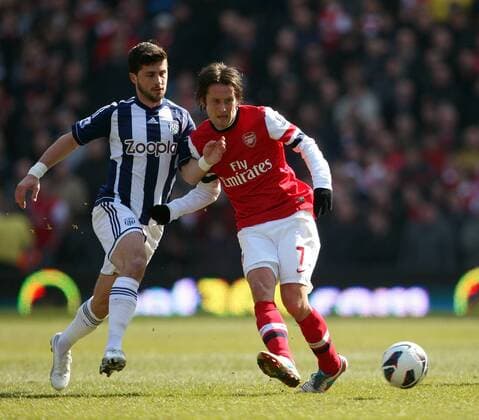 Tomas Rocisky holds off West Bromwich Albion s Shane Long- Barclays Premier League - West Bromwich Albion vs Arsenal - The Hawthorns Stadium -West Bromwich - 6th April 2013 - Credit Paul Bradbury Sportimage EDITORIAL USE ONLY. No use with unauthorised audio, video, data, fixture lists, club league logos or live services. Online in-match use limited to 120 images, no video emulation. No use in betting, games or single club league player publications.